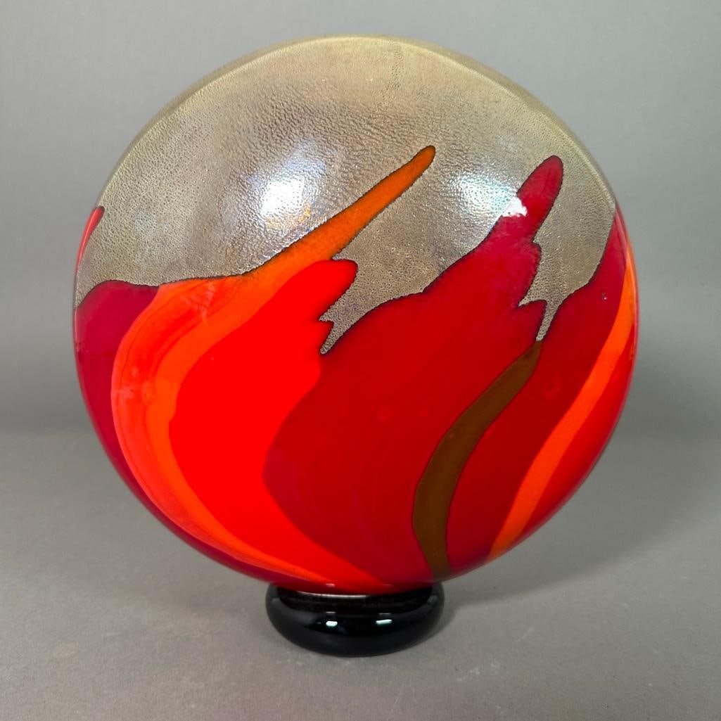 Seguso Murano Blown Glass " Gogipsy" Vase: Seguso Murano Blown Glass " Gogipsy" Vase, moon shaped form with circular open mouth on bun shaped black glass foot, internally decorated with gold leaf over a flame like design in red and ora