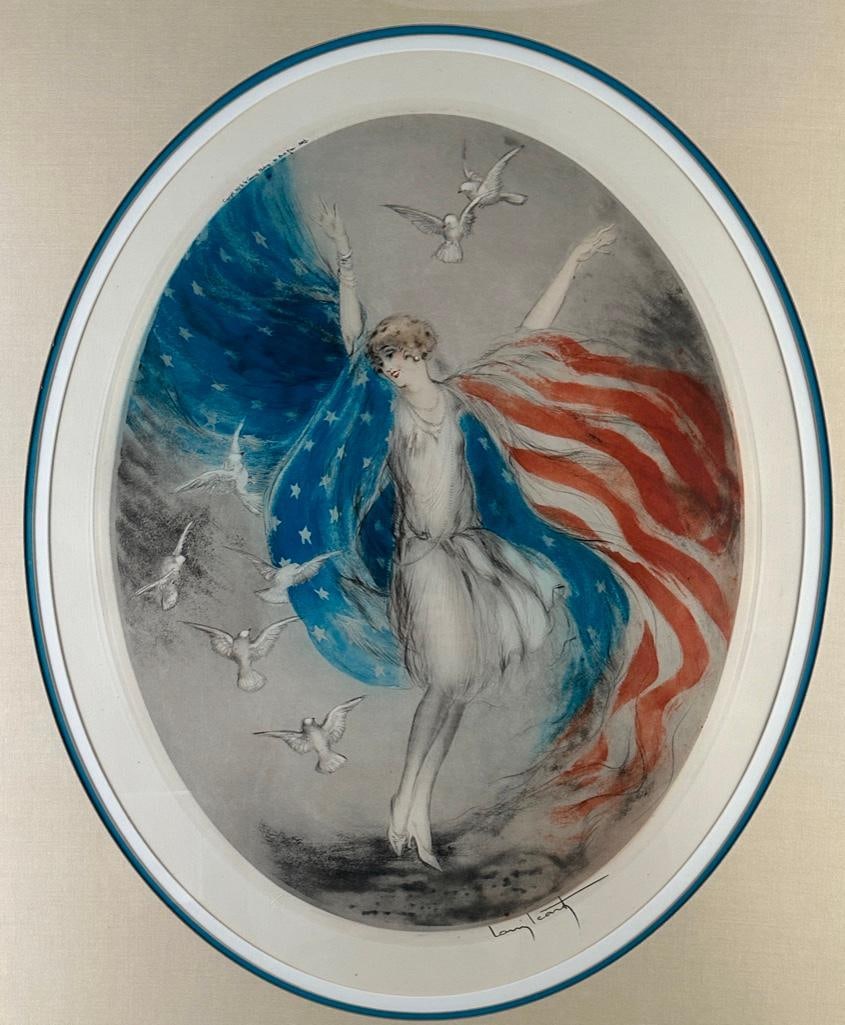 Louis Icart Etching "Miss America": Louis Icart "Miss America", colored etching, dated 1927. Signed lower right, matted and framed under glass, as framed apprx 36 x 30.5 in. Condition: not inspected out of framing. Good color,