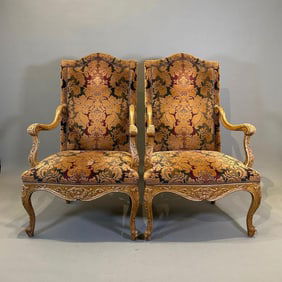 Pair of Louis XIV Style Upholstered Armchairs, Modern