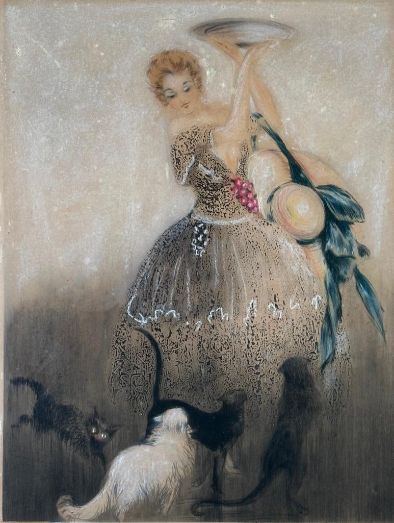 Louis Icart Etching "Plate of Milk" dated 1921: Louis Icart, "Plate of Milk" original etching with color and heightened with white, signed lower right, dated 1921, with faint blind-stamp lower left. Matted and framed under glass, as framed