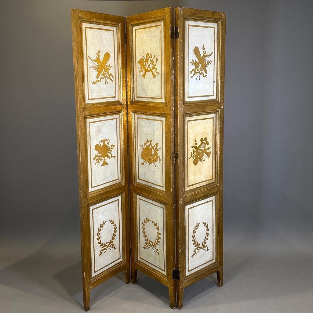 Vintage Venetian Three Panel Screen: Vintage Venetian Three Panel Screen, decorated to one side with gilt trophies on a cream ground, the obverse with gilded lattice panels on cream, in fretwork borders. Dimensions: 69 in.h. x 46.5 in.