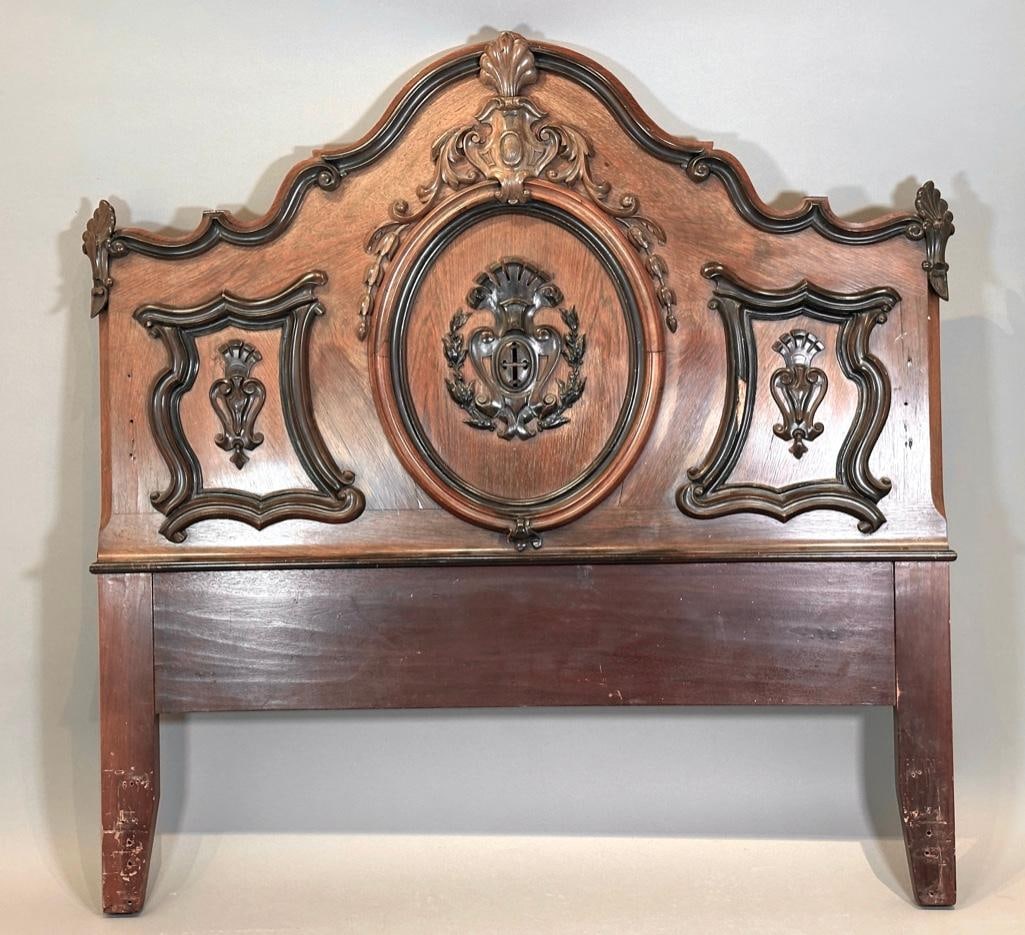 Victorian Walnut Headboard, Late 19thc.: Victorian Walnut Headboard, Late 19thc. With applied scroll and cartouche motifs. No rails or footboard. Dimensions: 57 in.h. x 58 in.w. Condition: Losses to parts of applied forms, finish wear and we