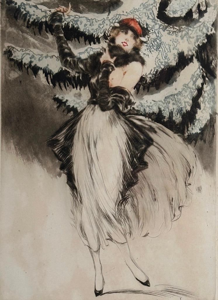 Louis Icart "Winter" Etching, ca. 1923: Louis Icart, "Winter", original etching with color, signed lower right, numbered lower left "no. 75", matted and framed under glass, as framed apprx 19 x 15.5 inches. Condition: