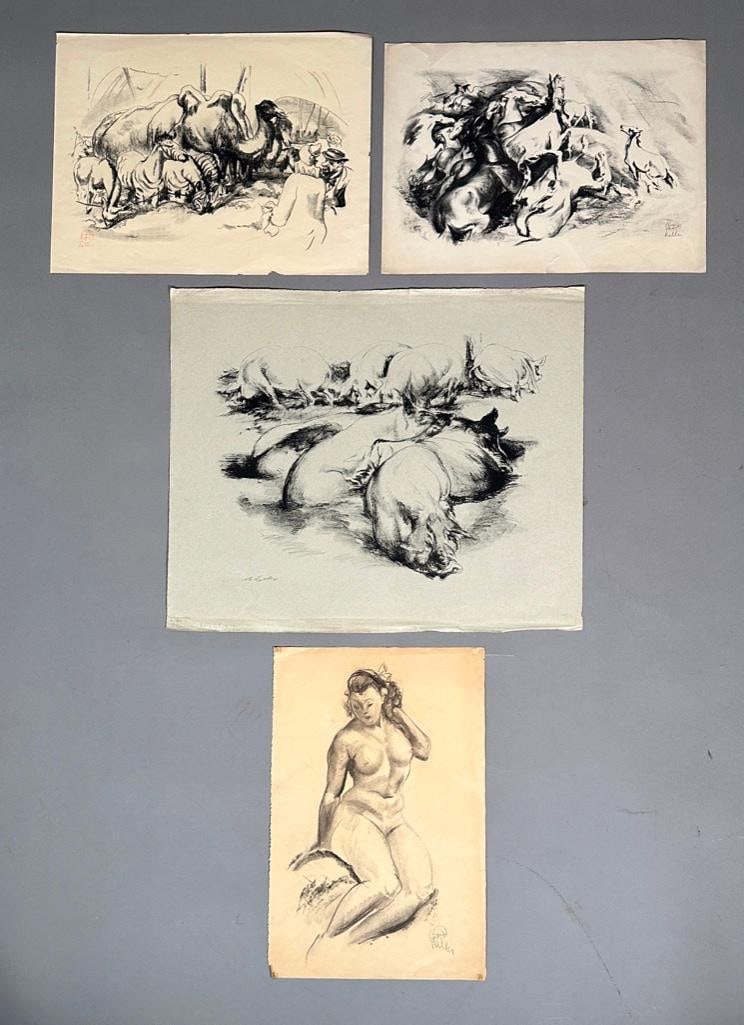 A Drawing and Three Lithographs by Henry Keller: A Drawing and Three Lithographs by Henry Keller (American 1869-1949) comprising; Female Nude Study, charcoal on paper, signed lower right, and lithographs, "Pig Composition No.1," signed in