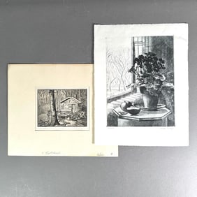 Two Etchings By Kalman Kubinyi, "Cineraria," and "Log Cabin"