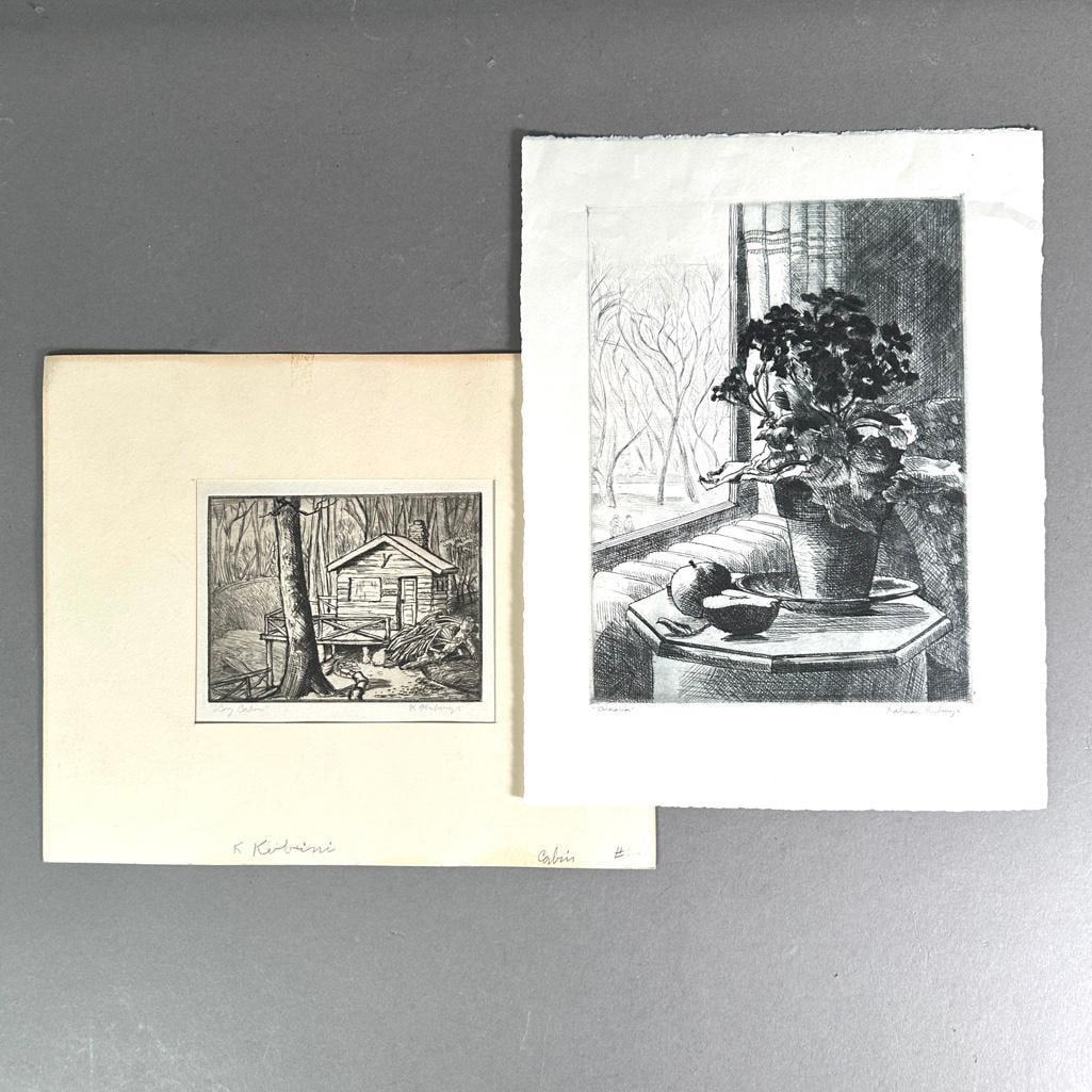 Two Etchings By Kalman Kubinyi, "Cineraria," and "Log Cabin": Kalman Kubinyi (American 1906-1973) "Cineraria, " etching, signed in pencil and titled, and "Log Cabin," signed and titled, loosed sheets, unframed. Dimensions: Cineraria 9.5 x 7 in.