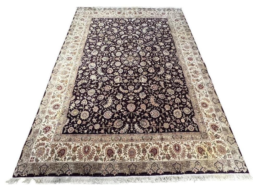 Persian Tabriz Wool and Silk Carpet 10' x 7'8": Classic tabriz design carpet, thick dense wool on cotton foundation with fringe ends. Dark plum ground with beige and white design with gray, rose, plum and tan accents colors. Highlights accentuated