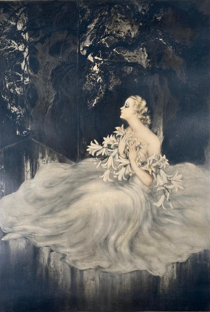 Louis Icart "Lillies" Etching, ca. 1934: Louis Icart "Lillies" original etching, pencil signed lower right, publishers blind-stamp lower left. Matted and framed under glass, as framed apprx 42.5 x 32.5 inches. Condition: not