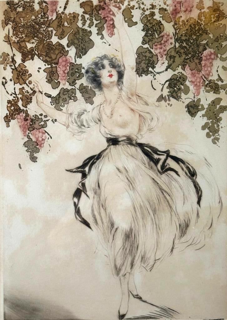 Louis Icart "Autumn Grapes" Etching: Louis Icart "Autumn Grapes", original etching with color, signed lower right, numbered lower left "no. 75". Matted and framed under glass, as framed apprx 19 x 15.5 inches. 