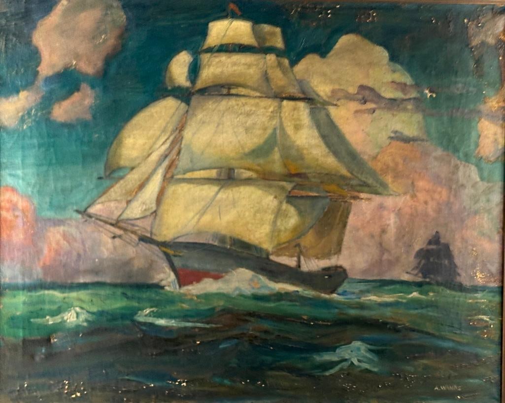 Alfred James Wands Oil, Masted Sailing Ships at Sea: Alfred James Wands (American 1904-1998) Masted Sailing Ships at Sea, oil on canvas, signed lower right, framed. Dimensions: 24 x 29.5 in. canvas size, 30 x 35.5 in. as framed. Condition: As is with
