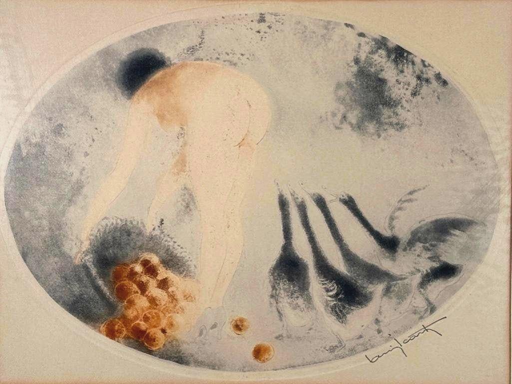 After Louis Icart "Geese" Etching: After Louis Icart, etching in color, signed lower right, ND, matted and framed under glass, as framed apprx 16 x 20 inches. Condition: not inspected out of framing.