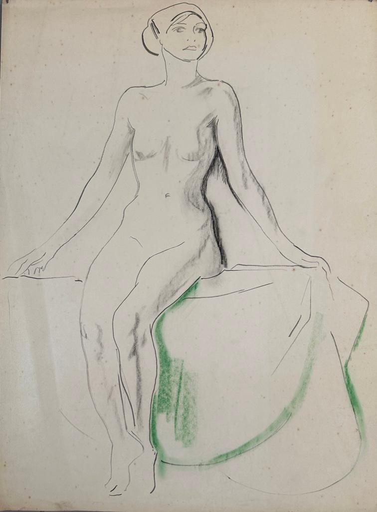 Drawing Attributed to William Sommer, Nude Study: Attributed to William Sommer (American 1867-1949) Female Nude Study, ink, charcoal and green crayon on paper, unsigned, loose sheet. Dimensions: 16 x 12 in. sheet size. Condition: scattered foxing