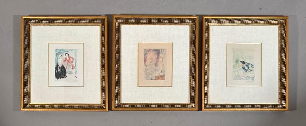 Louis Icart, Three Framed Etchings from "Le Nuit Et Le Moment" ca. 1946: Published by Georges Guilllot, Paris, three framed etchings with color, all signed lower right in pencil, tastefully matted and framed under glass, as framed apprx 21 x 19 inches. From the 1946 book