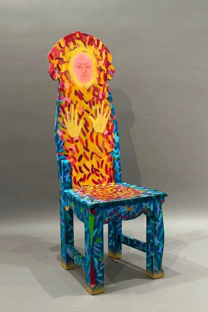 Gonzalo Espinosa Artist Painted Chair, 2003: Hand painted artist creation, polychrome on wood chair, signed and dated 2003. A Tuscon AZ artist, Gonzalo Espinoza is know for his mural work throughout the area. Dimensions: 53 in.h. x 18 in.w. x