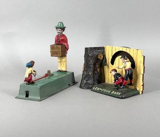 Two Cast Iron Mechanical Banks, "Leap-Frog" and "Monkey Bank"