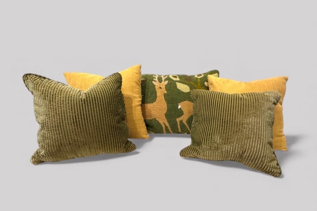 Lot of Five Down Filled Pillows: Lot of Five Down Filled Pillows, comprising a pair of olive green cut velvet striped pillows, with button closure, 16 x 16 in. a pair of woven mustard colored fabric pillows, 18 x 18 in. and a single