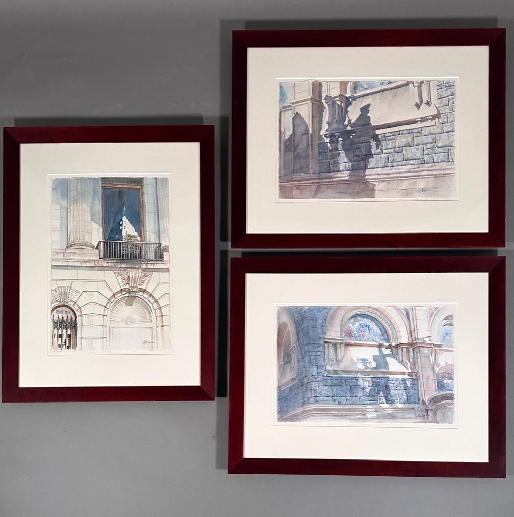 Three Watercolors by Maryanne Boysen: Three watercolor paintings of the Solders and Sailors Monument in Public Square, Cleveland, OH. All signed lower right, floated under matt and glass in wood frames. Two horizontal works apprx 27.5 x