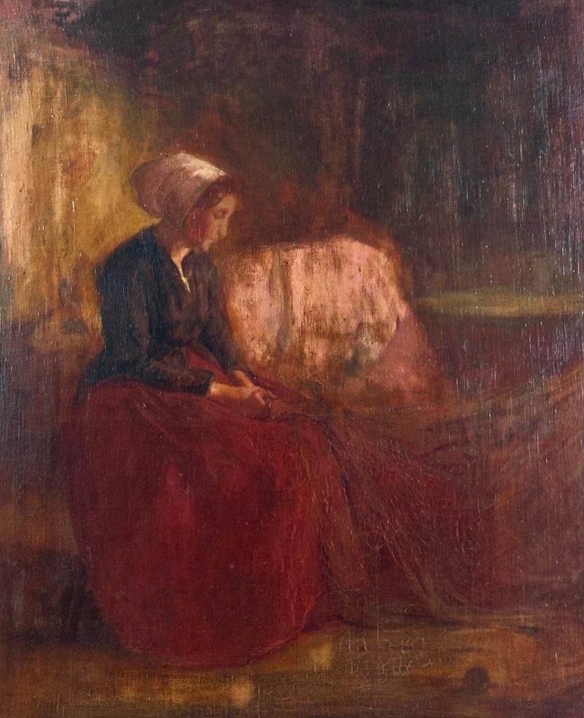 Myron Barlow Oil, "Tired": Myron Barlow (American 1873-1937) "Tired," oil on canvas laid on masonite, no signature viewed. Dimensions: 31 x 25 in. image size, 36 x 30 in. as framed. Condition: Canvas laid on