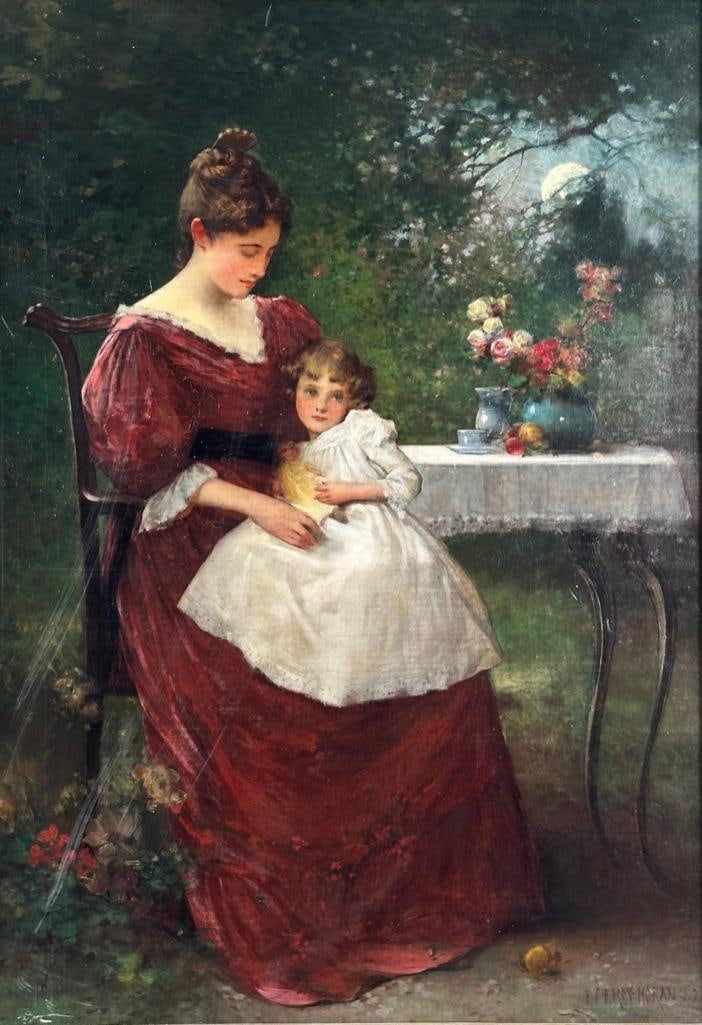 Edward Percy Moran Oil, Mother and Child in Garden: Edward Percy Moran (American 1862-1935) Mother and Child in a Garden, 1892, oil on canvas, signed and dated lower right, inscribed verso "Oil by Percy Moran, Coll. Mr. Mrs. T.E. Hawley,"