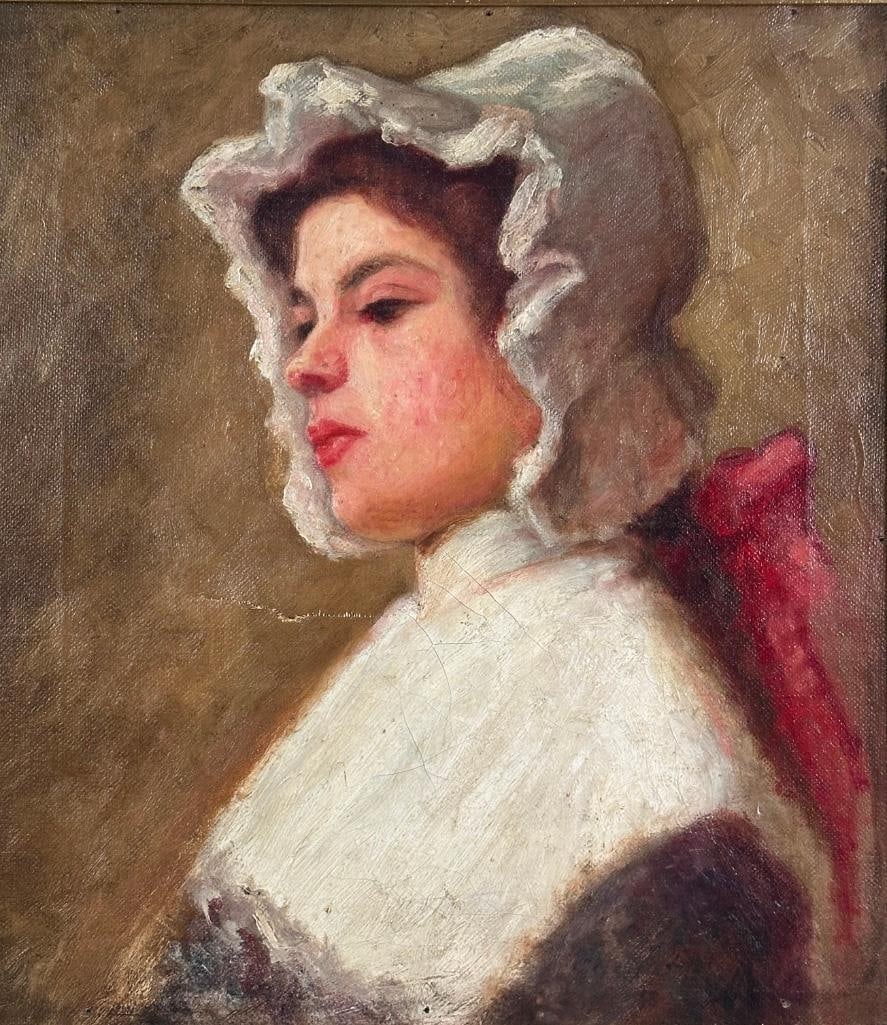 19thc. American School, Portrait of a Woman in a White Bonnet: 19thc. American School, Portrait of a Woman in a White Bonnet, oil on canvas, inscribed in ink verso, 'Henry F. Farny,' (American 1847-1916) framed. Dimensions: 19 x 17 in. canvas size,