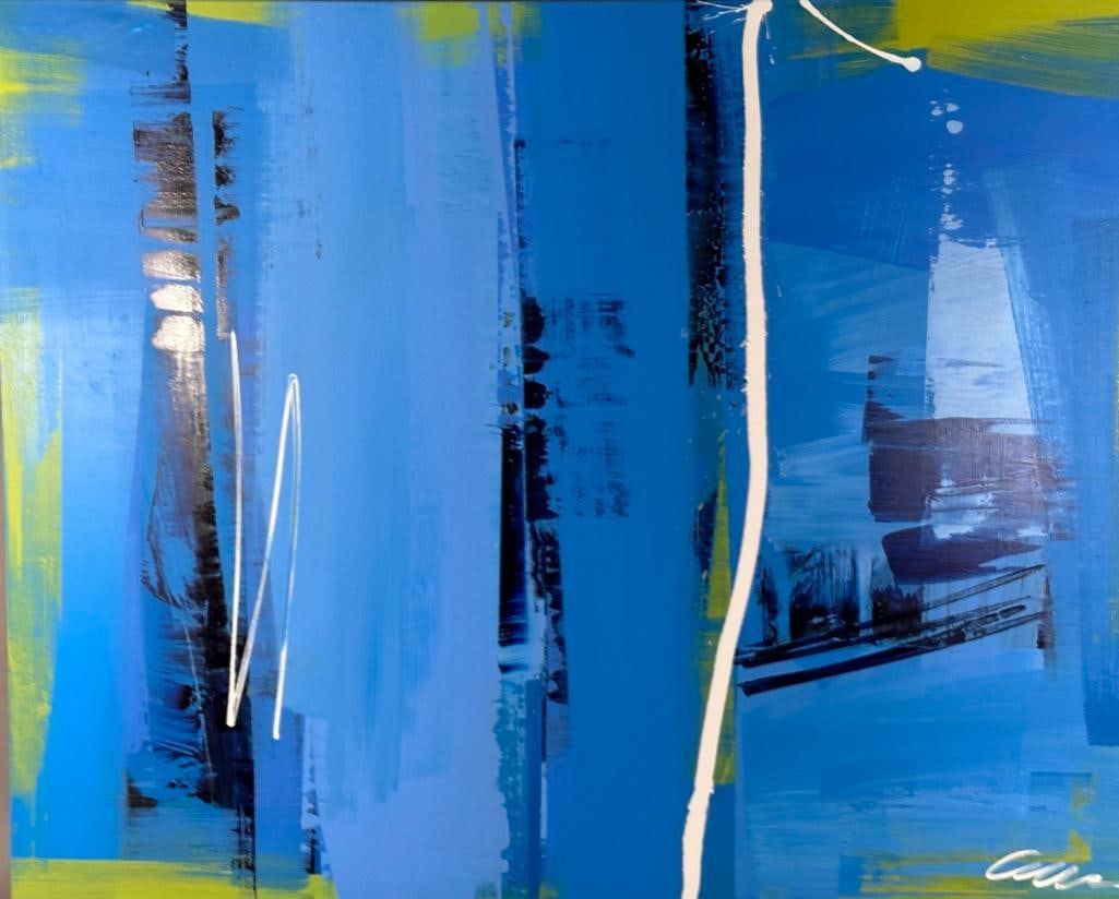 Bruce Conforti (American, 20th Century): Untitled, acrylic on canvas, signed lower right. Primary blue ground with swaths of bright green and white splash and drizzle. Over wood stretcher, overall 48 x 60 inches. Condition: very good, no