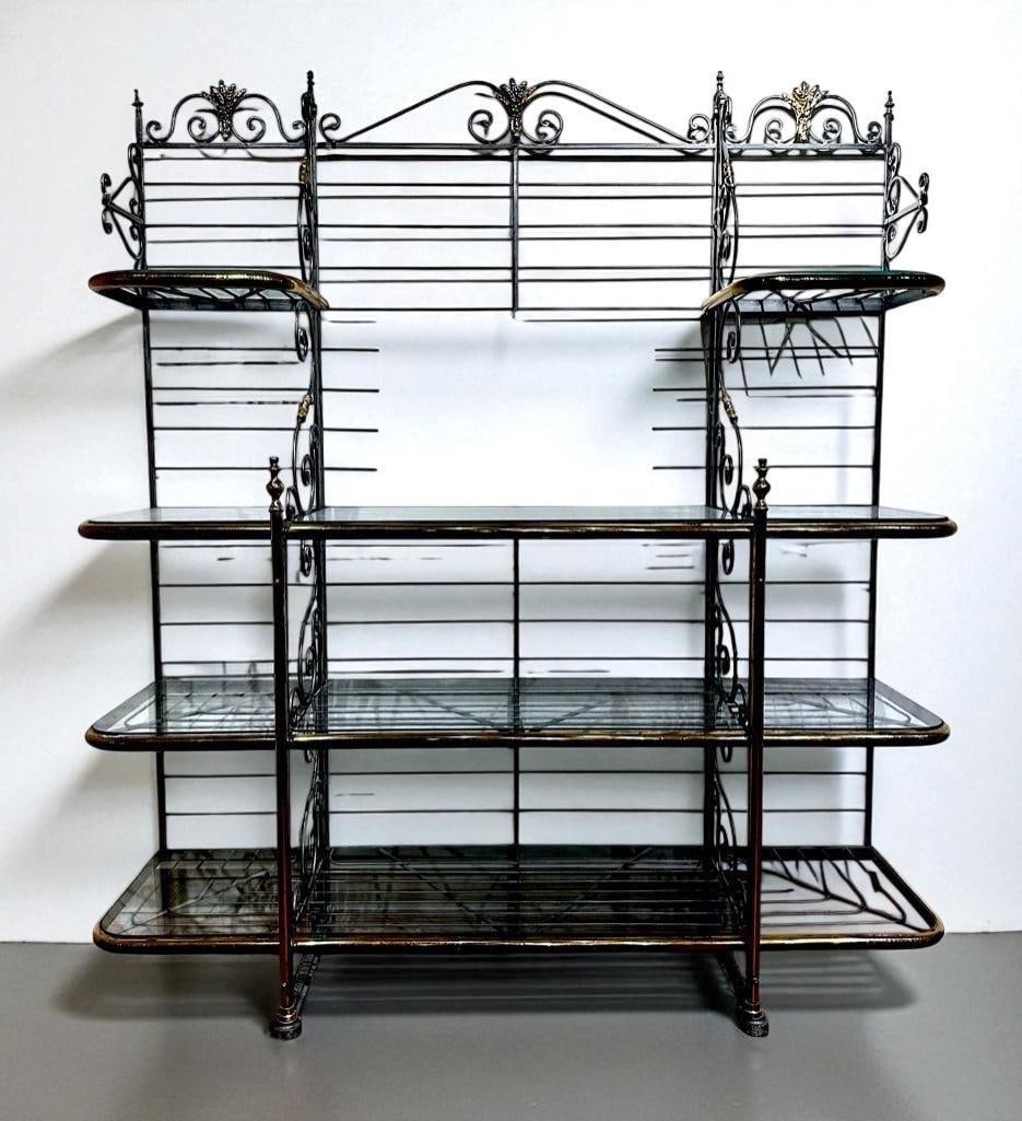 French Steel & Polished Brass Baker's Rack: French Steel & Polished Brass Baker's Rack, four tier design with wire shelves fitted glass on scroll supports, with polished brass sheaf of wheat accents. Dimensions: 83 x 73.5 x 19 in. Cond