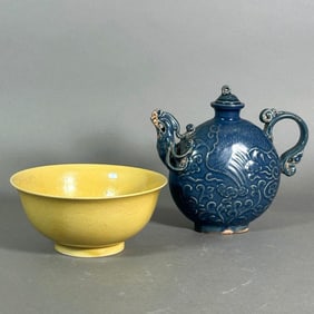 Chinese Yuan Style Teapot and Ming Style Yellow Glazed Bowl