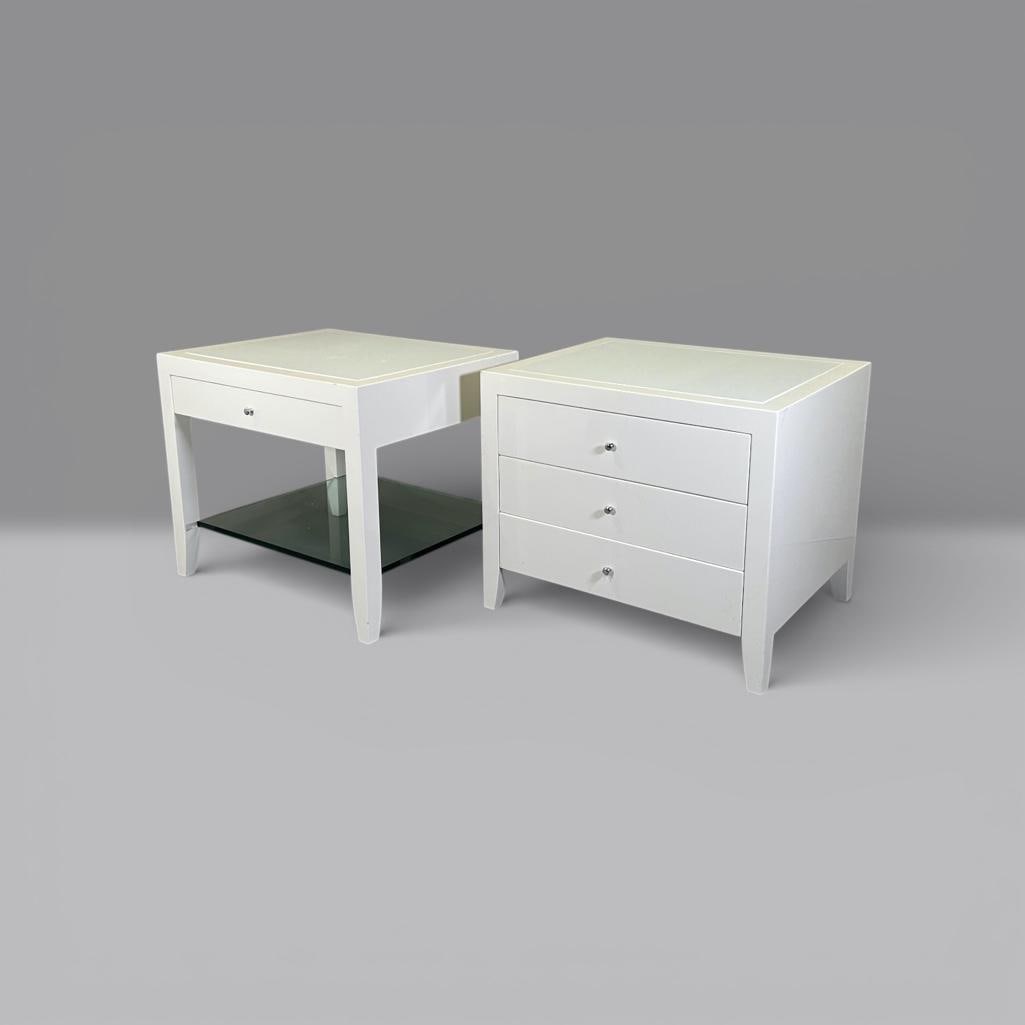 Pair of Laminate Nightstands, Contemporary: Pair of Laminate Nightstands, Contemporary, rectangular tops with inset opaque white glass tops; one stand with three frieze drawers, the other with a single drawer over a glass shelf. Dimensions: