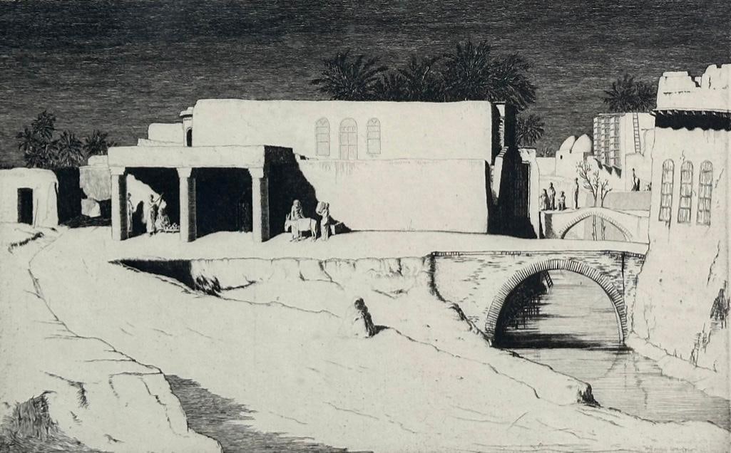 Herbert Gordon Warlow Etching, "Khanaqin, Iran": Herbert Gordon Warlow (British 1885-1942) "Khanaqin, Iran," etching on paper, signed in pencil lower right, numbered 50/100, matted and framed. Condition: Appears very good. Not examined out of