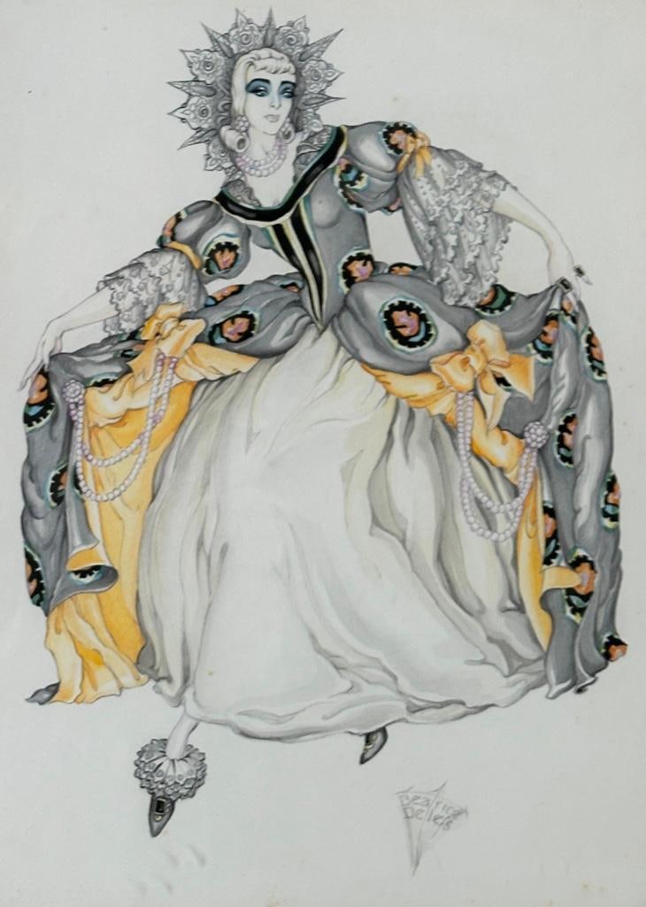 Beatrice Detlefs (American, 20th Cen) Original Waterclor: "Gavotte", original pencil, ink and watercolor on paper, signed lower right. A costume design for the dance. Exhibited in the 1929 Cleveland Museum of Art May Show. Matted and framed under