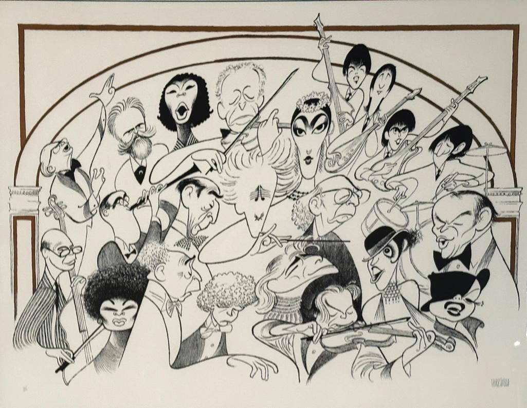 Al Hirshfeld "Carnegie Hall, 100th Anniversary" Lithograph: A limited edition lithograph, this numbered 125/250, hand signed by the artist lower right, numbered lower left, created in 1991, registered in the Al Hirschfeld Archives under no. 2701. Carnegie