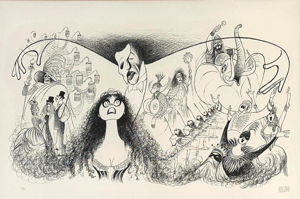 Al Hirschfeld "Phantom of the Opera" Lithograph: "Phantom of the opera, limited edition lithograph, ca. 1988this being numbered 39/100 in pencil lower left, pencil signed lower right. Image features Sarah Brightman and Michael Crawford from the