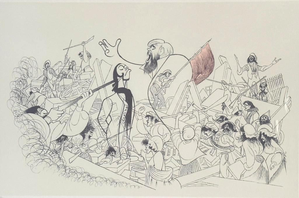Al Hirschfeld "Les Miserables" Lithograph, ca. 1987: "Les Miserables" limited edition original lithograph by Albert Hirschfeld (American, 1903-2003). Pencil signed lower right, numbered lower left 71/100, a caricature of the original Broadway ca