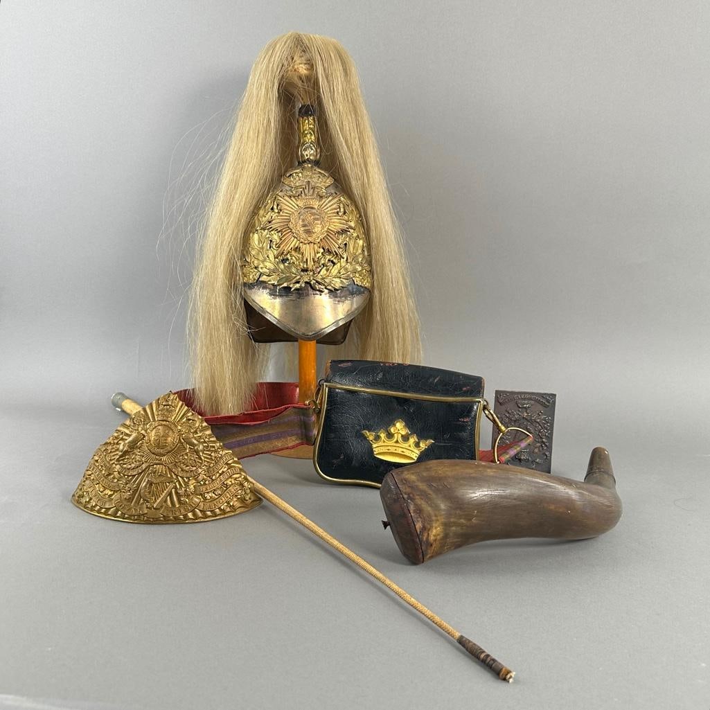 Saxony Calvary Guard Parade Helmet, and Other Military Items: Steel and brass helmet bearing the coat of arms of Saxony, with horse hair plumage. no chine strap, no liner, no markings. With wood display stand. Helmet apprx 15"T x 8"W, on stand apprx