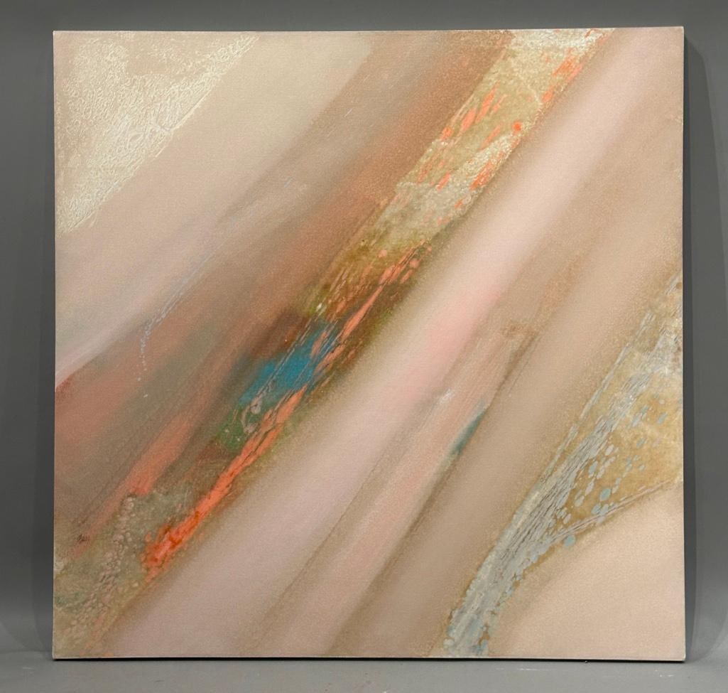 Lamar Briggs (American 1935-2015): "Mana Structure", acrylic on canvas, over wood stretcher frame, signed lower left, apprx 48 x 48 inches. Born in Lafayette, Louisiana, Lamar Briggs attended University of Southern Louisiana,