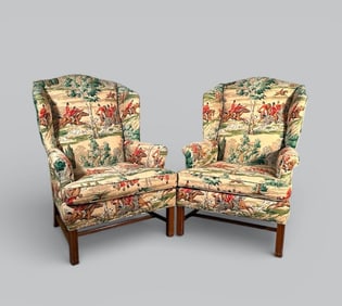 Pair of Fox Hunt Upholstered Wing-Back Chairs