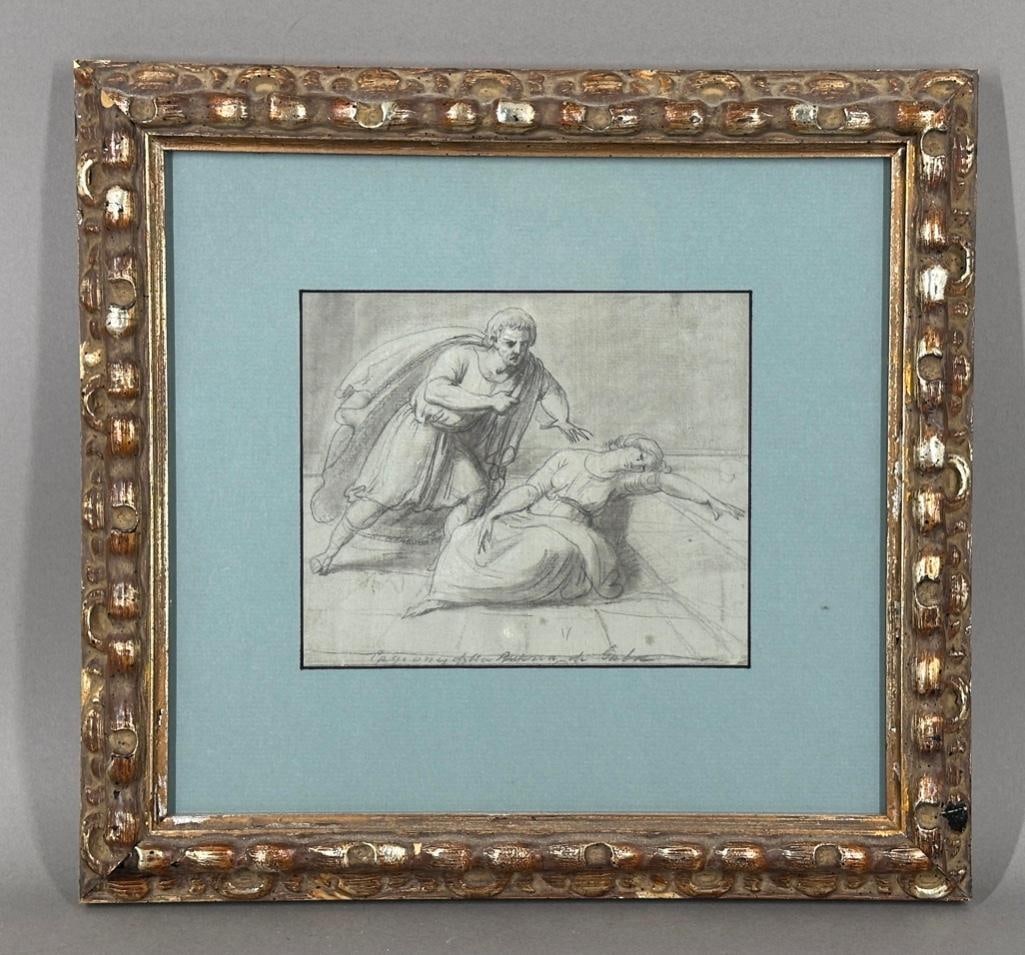 The Departure of Marcus Atilius Regulus for Carthage: Graphite drawing on hand-made paid paper, after the original drawing created around 1785 by Jacques-Louis David, depicting the Roman general Marcus Atilius Regulus insisting on returning to Carthage