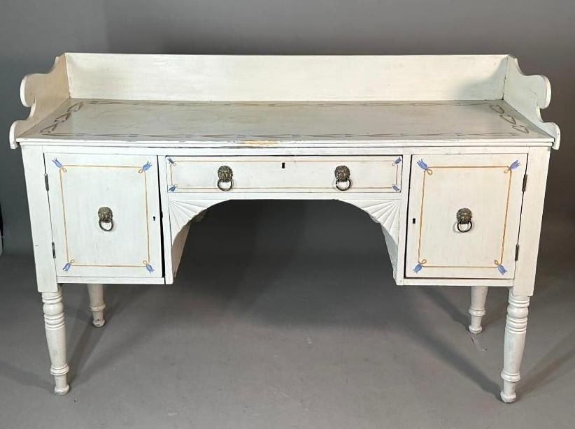 American Country Sheraton Painted Sideboard, 19thc.: American Country Sheraton Painted Sideboard, 19thc. Rectangular form with scrolled galleried top, with a frieze drawer and two hinged door flanking, raised on turned legs, painted in greyish white