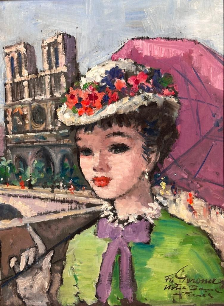 Francois Gerome (French b. 1895): "Notre Dame, Paris", oil on artist board, signed and titled lower right. Lady with parasol in front of Notre Dame Cathedral. Dimensions: Image size apprx 15.5 x 11.5, as framed apprx 19 x 15