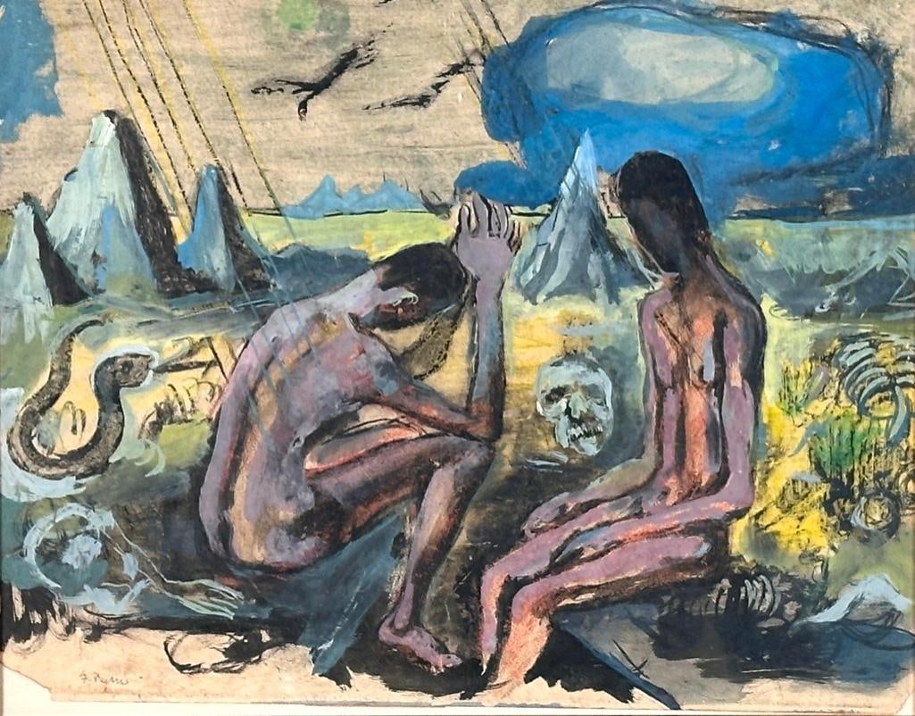 "The Unholy Grail", painting on paper: Painting on paper, signed lower left, titled on verso in pencil, sheet measures 14 x 17 inches, matted and framed under glass, overall 30 x 33 inches. Condition: losses at corners of paper, old