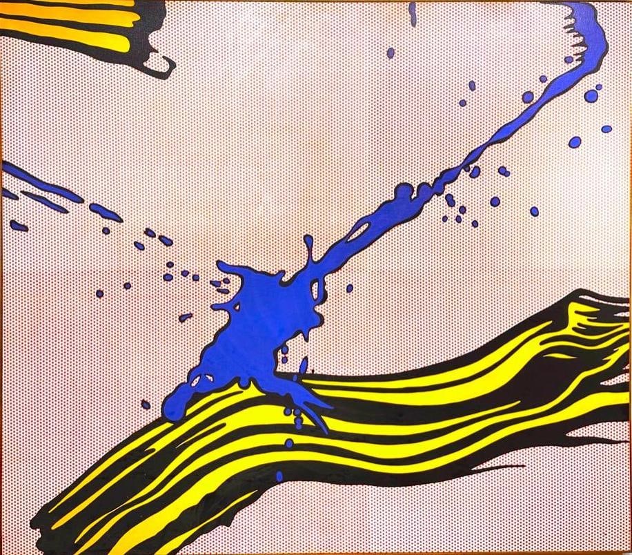 After Roy Lichtenstein's "Brustroke With Splatter", by Charles Kacir, ca. 1975: Commissioned painting by Charles Kacir, after the painting "Brushstroke With Splatter" by Roy Lichtenstein, ca. 1975. Oil on canvas, signed on verso. Dimensions: Unframed, canvas apprx
