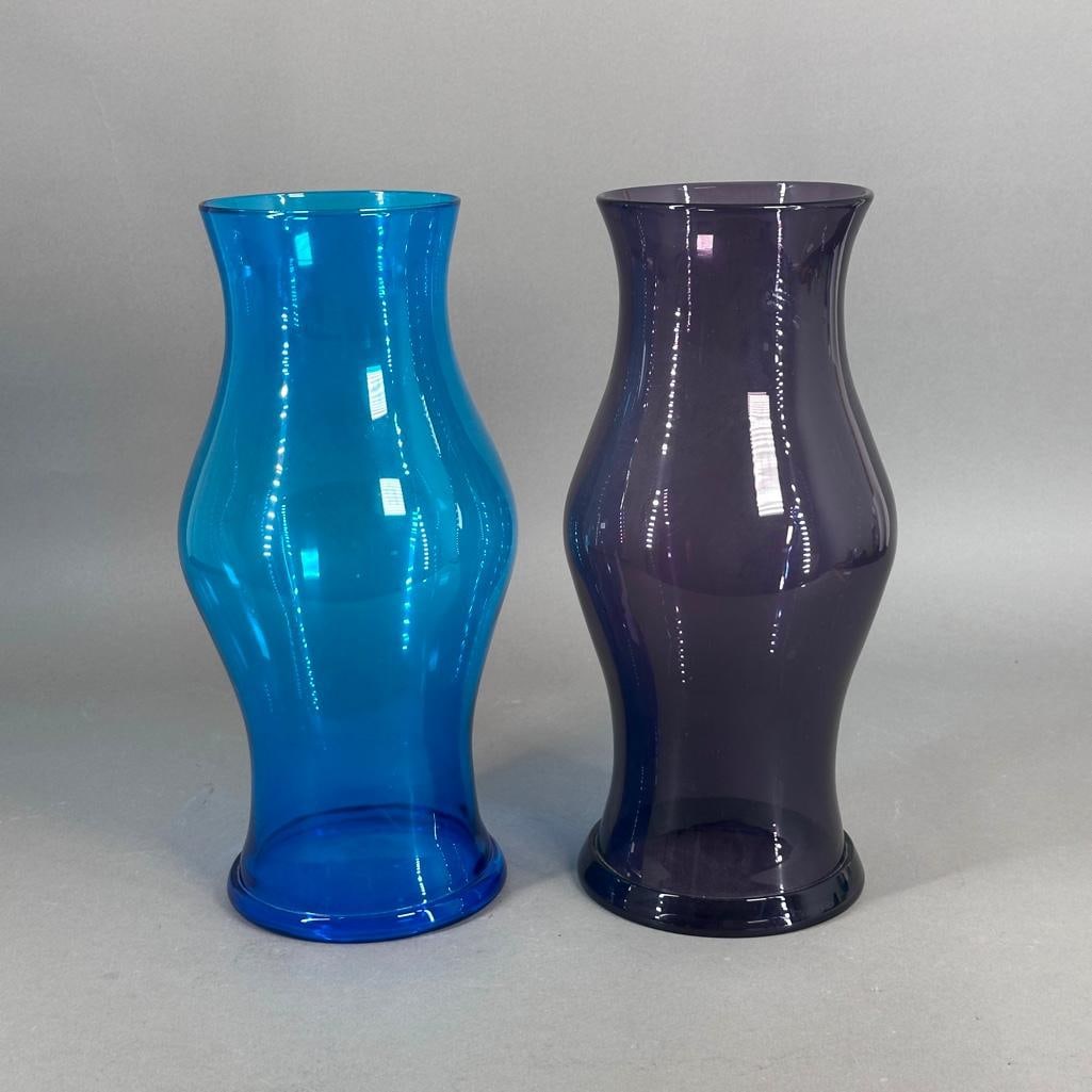 Two Colored Blown Glass Hurricane Shades, Amethyst and Turquoise: Two Colored Blown Glass Hurricane Shades, hand blown glass with foldover rims at base, in translucent amethyst and turquoise glass. Charles Phillips Collection, Cleveland, Ohio. Dimensions: 14.5