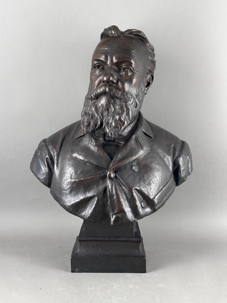Bronze Bust of a Bearded Gentleman by Adolphe Jean La Vergne: Adolphe Jean LaVergne (French 1852-1901) Bronze Bust of a Bearded Gentleman, 1887, bronze with warm brown patination, signed and dated, raised on integral socle. Dimensions: 28 x 19 x 12 in. Condition
