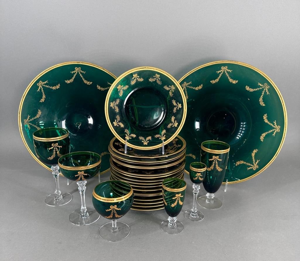 Large Service of Tiffin Glass Bouquet Green Stemware and Plates (1 of 20)