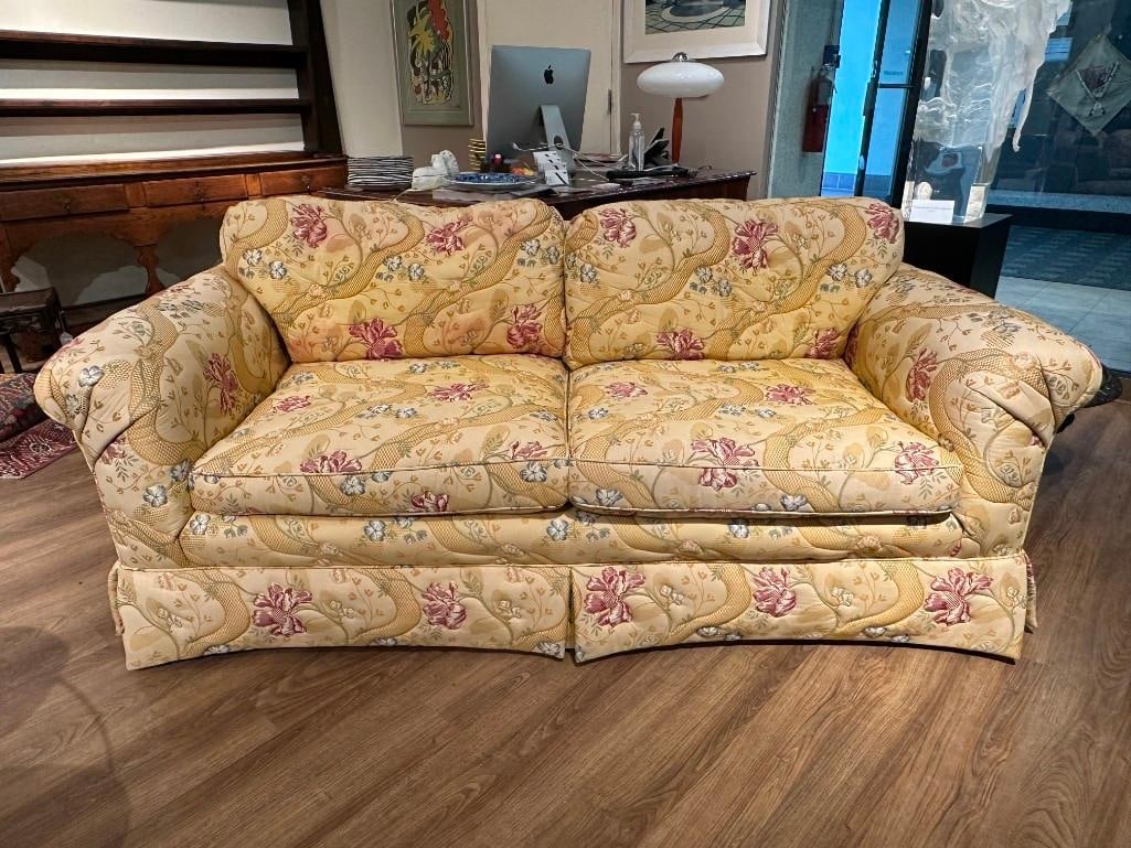Custom Yellow Floral Woven and Quilted Upholstered Sofa, Modern (1 of 10)