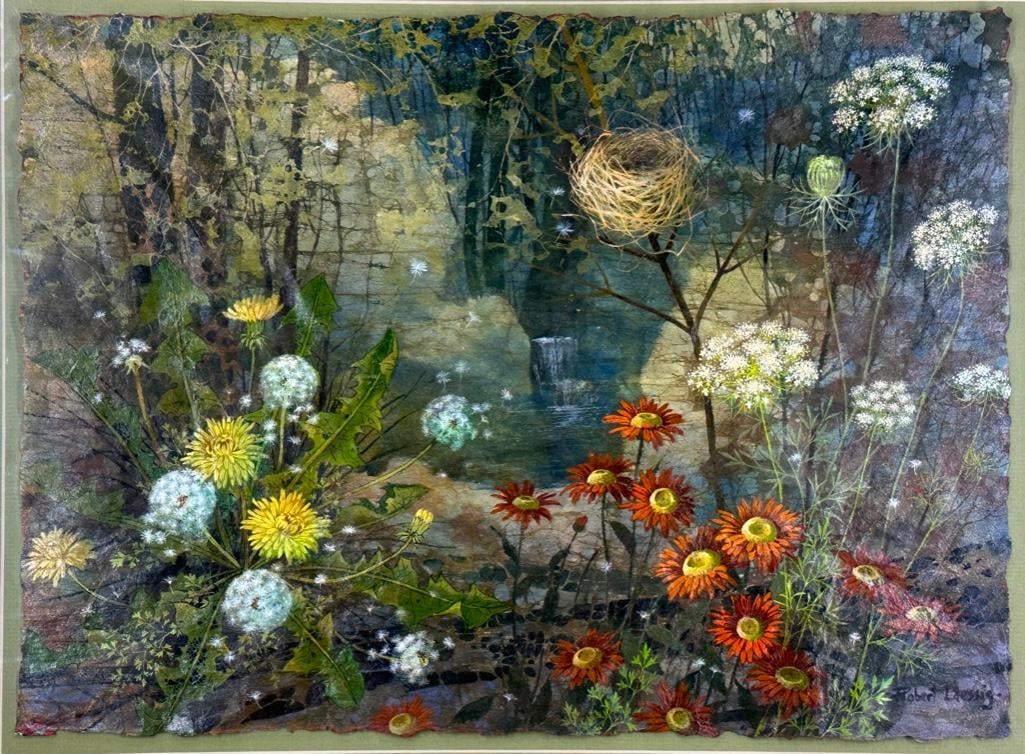 Robert Laessig Oil, Dandelions, Strawflowers, Queen Anne's Lace, Nest and Waterfall: Robert Laessig (American ) Dandelions, Strawflowers, Queen Anne's Lace, Nest and Waterfall, oil on paper, signed lower right, float mounted in frame. Dimensions: 14.5 x 20 in. image size, 26 x 32