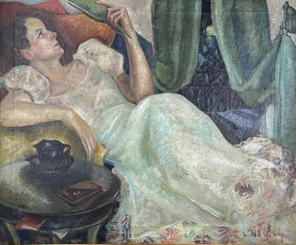 Oil Painting of a Reclining Woman by L. Newby, ca. 1940's: Oil on canvas, signed lower right L. Newby, verso inscribed "Newby" and "Outside". A beautiful woman in a white gown on a chaise, looking into a hand mirror. Copper nails in tacking margin.