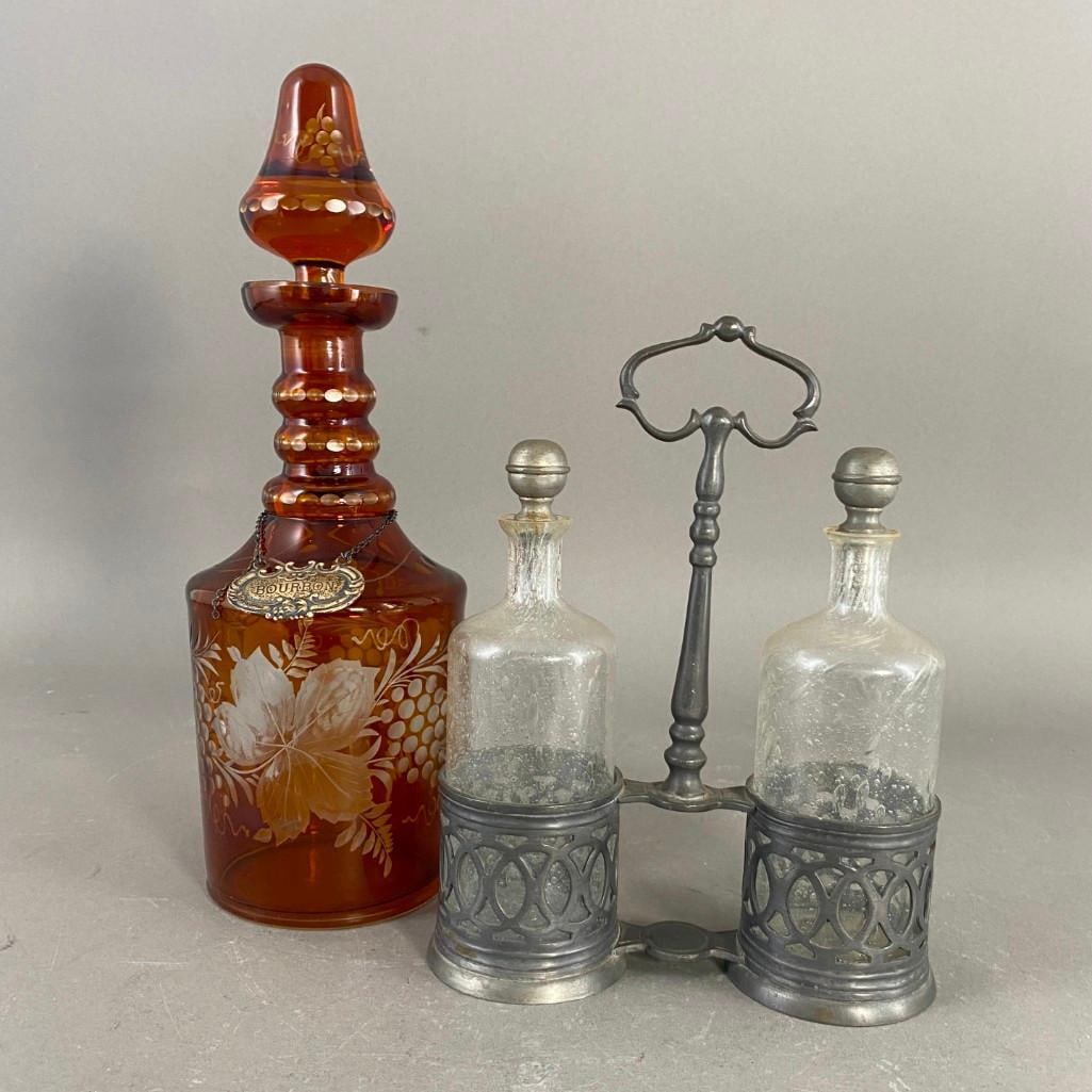 Bohemian Amber Glass Decanter and Sterling Bottle Tag, Pewter and Glass Cruet Stand (1 of 9)