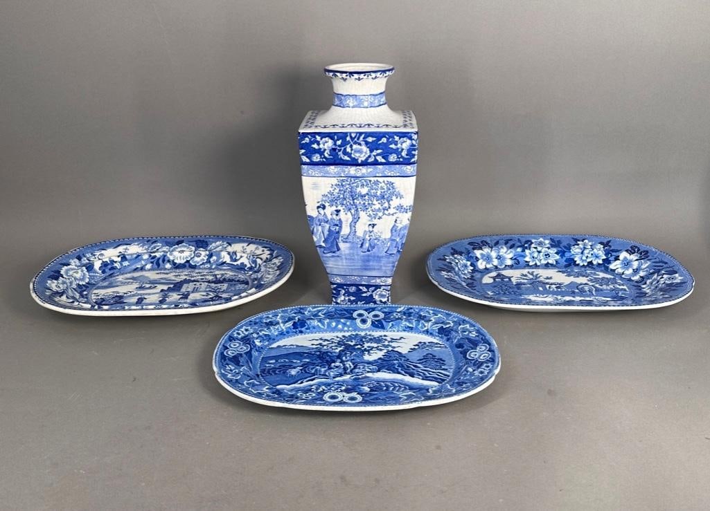 Three Staffordshire Blue Transfer Decorated Platters and a Vase, 19thc. (1 of 13)