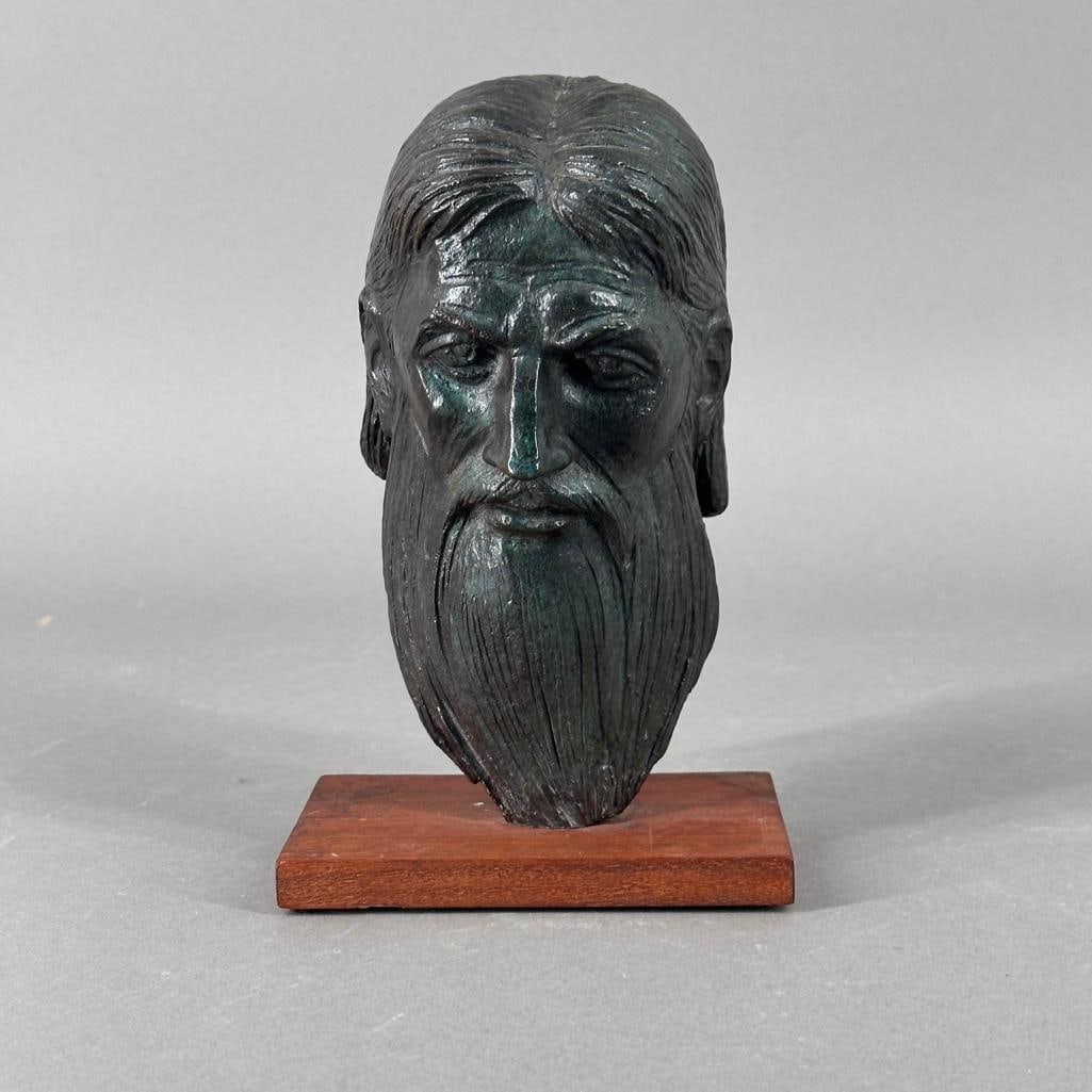 William McVey Bronze Bust: "Moses", bronze bust, attached to a small wood base, incised initials WM on verso, inscribed in pencil on bottom of base "Moses" by William McVey. Dimensions: 7-1/2"T with base. Co